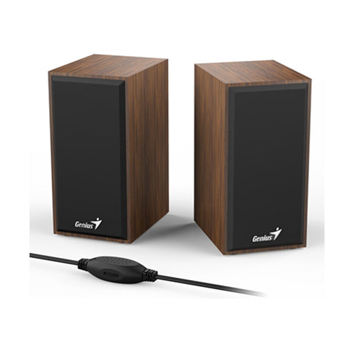 Genius SP‑HF180 wooden USB desktop stereo speakers with 3.5mm audio jack.