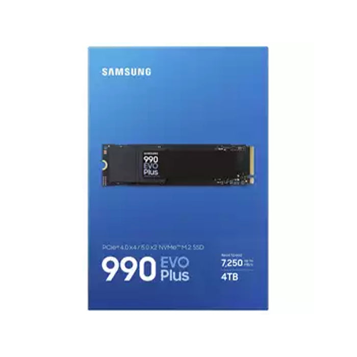 Samsung 990 EVO Plus SSD packaging on a blue background