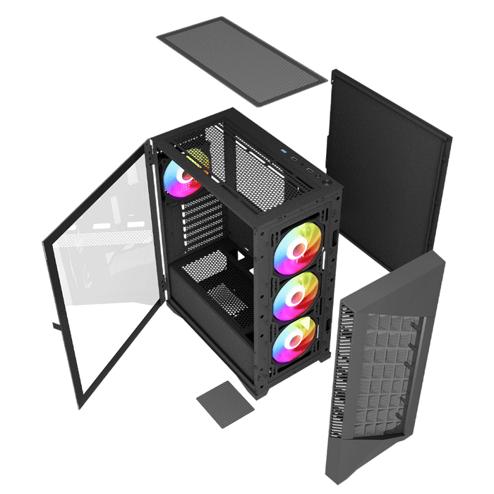 VIDA Typhoon Black ARGB Gaming Case w, Glass Window, ATX, Mesh Front, 4x ARGB Fans