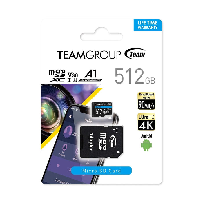 Team Group ELITE A1 512GB MicroSDXC UHS‑I memory card in black.