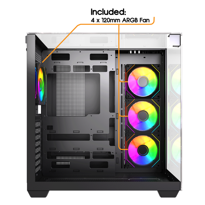 VIDA Visio Black ARGB Gaming Cube Case, ATX, 4x ARGB Fans, 6-Port Fan Hub and Remote Control