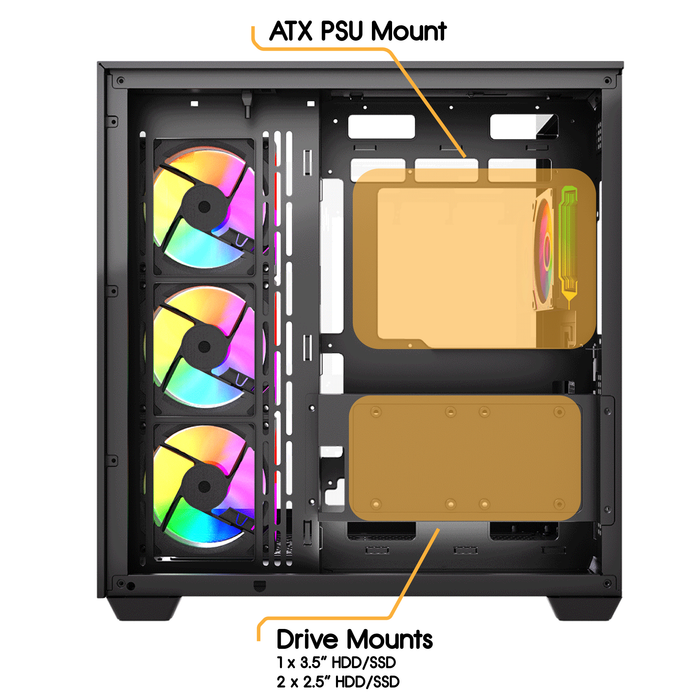 VIDA Visio Black ARGB Gaming Cube Case, ATX, 4x ARGB Fans, 6-Port Fan Hub and Remote Control