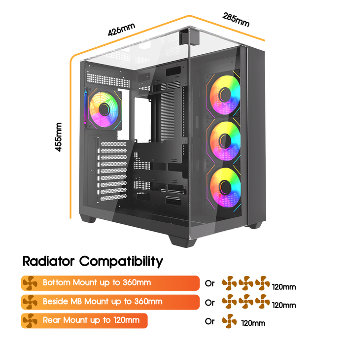 VIDA Visio Black ARGB Gaming Cube Case, ATX, 4x ARGB Fans, 6-Port Fan Hub and Remote Control