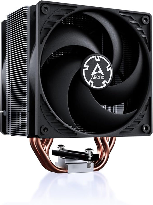 Computer cooling system with fan and heat sinks on a white background