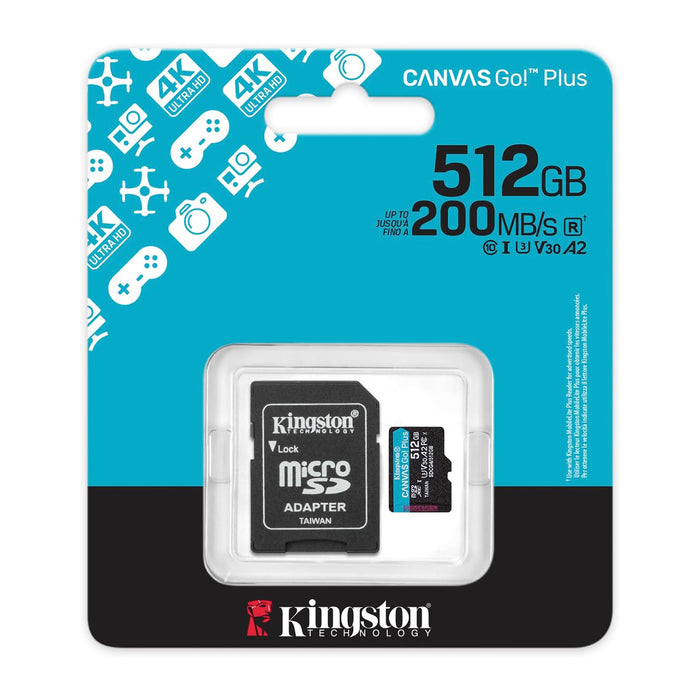 Kingston 512GB Canvas Go! Plus Gen4 MicroSDXC Card with SD Adapter, UHS-I Class 10, U3, A2 App Performance, 200MB/s