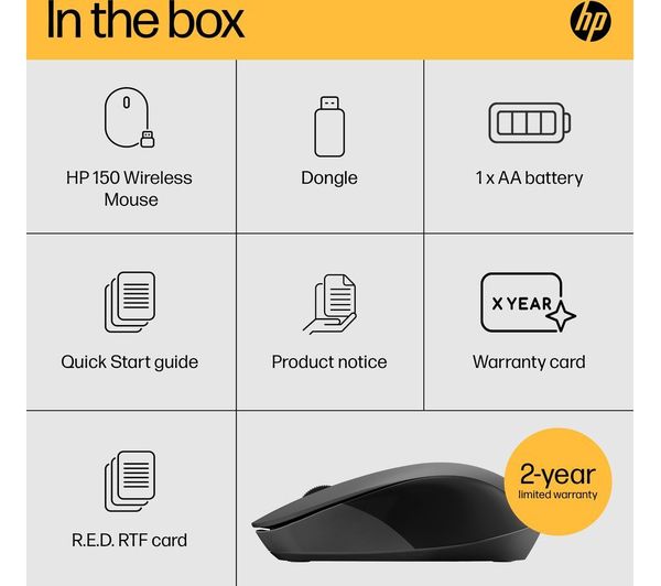 HP 150 Wireless Optical Mouse – 1600 DPI, 2.4GHz, Ergonomic, Black