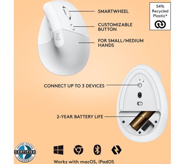 Logitech Lift Vertical Ergonomic Wireless Mouse – 57° Design, Quiet Clicks, Bluetooth, White