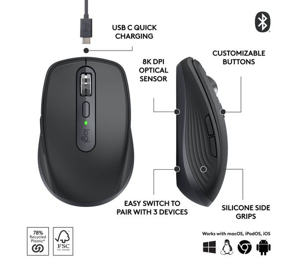 Logitech MX Anywhere 3S Wireless Mouse – 8K DPI Darkfield Sensor, Quiet Click, USB‑C