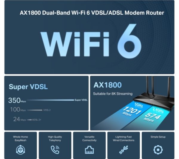 TP‑LINK Archer VX1800v AX1800 WiFi 6 Modem Router – Dual‑Band