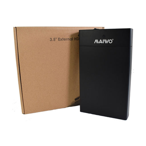 Maiwo USB 3.0 3.5-inch external hard drive enclosure with SATA support and power adapter.