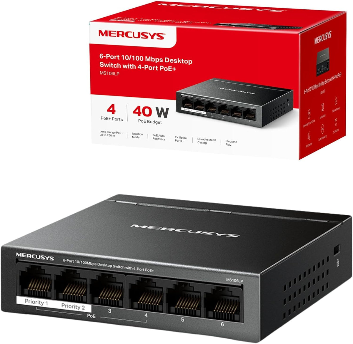 Mercusys 6-Port 10/100Mbps Desktop Switch with 4-Port PoE+, Metal Case ...