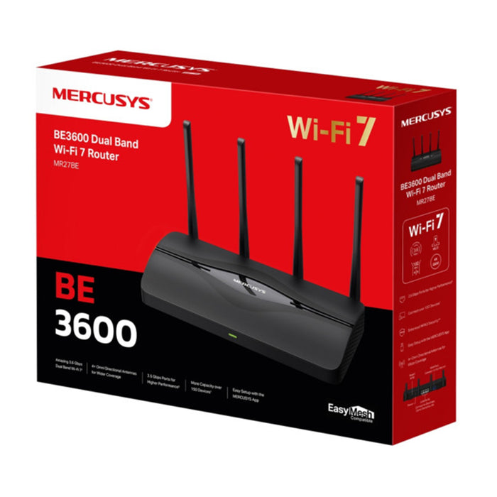 Mercusys BE3600 Wi‑Fi 7 dual‑band tabletop router in black.