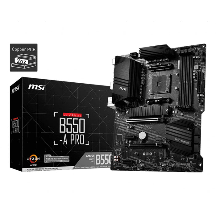 MSI B550‑A PRO AM4 ATX motherboard with PCIe 4.0 and dual M.2 slots.
