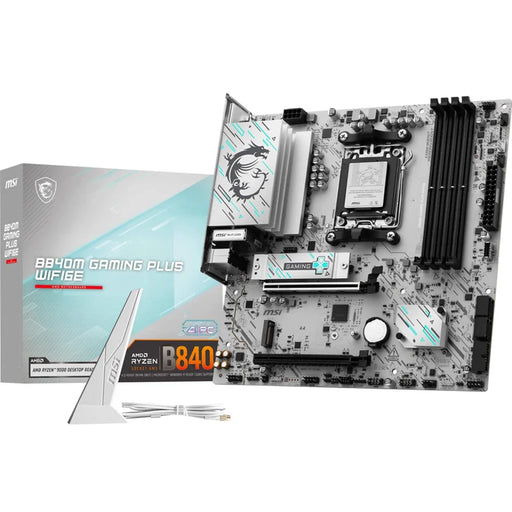 MSI B840M Gaming Plus WiFi6E AM5 Micro‑ATX motherboard with DDR5 and dual M.2 slots.
