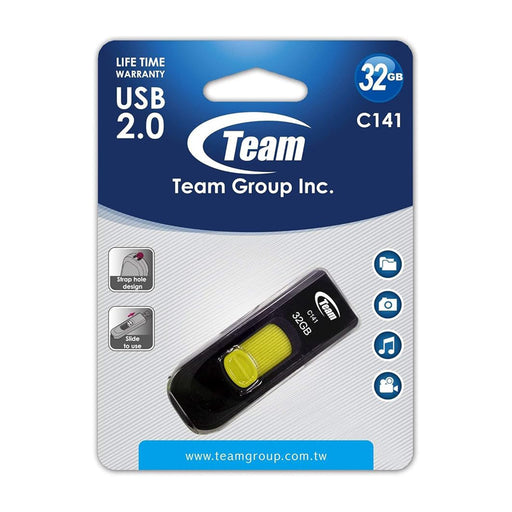 Team Group C141 32GB USB 2.0 Flash Drive in black and yellow slide‑design