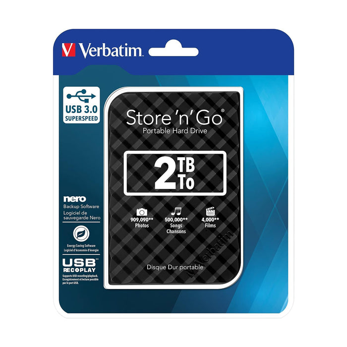 Verbatim 2.5" 2TB Portable HDD, USB 3.0, Hard Drive, External Storage Black