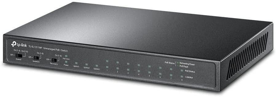 TP-Link TL-SL1311MP 8-Port Unmanaged Desktop PoE+ Switch, 8-Port 10/100Mbps + 2-Port Gigabit RJ45 & 1 Gigabit SFP
