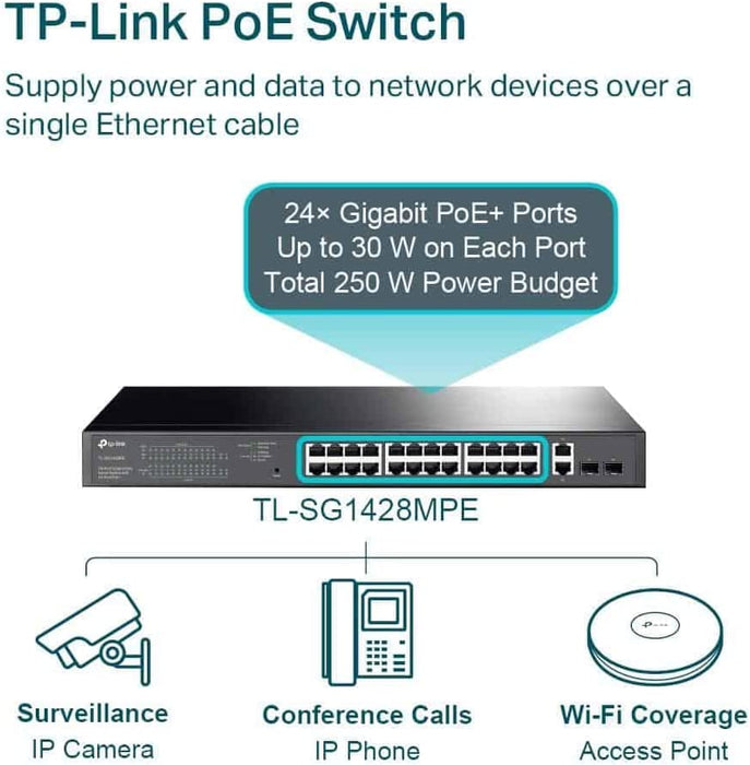 TP-LINK TL-SG1428PE 28-Port Gigabit PoE+ Easy Smart Switch, 24-Port PoE+, 2 SFP Ports, Rackmountable