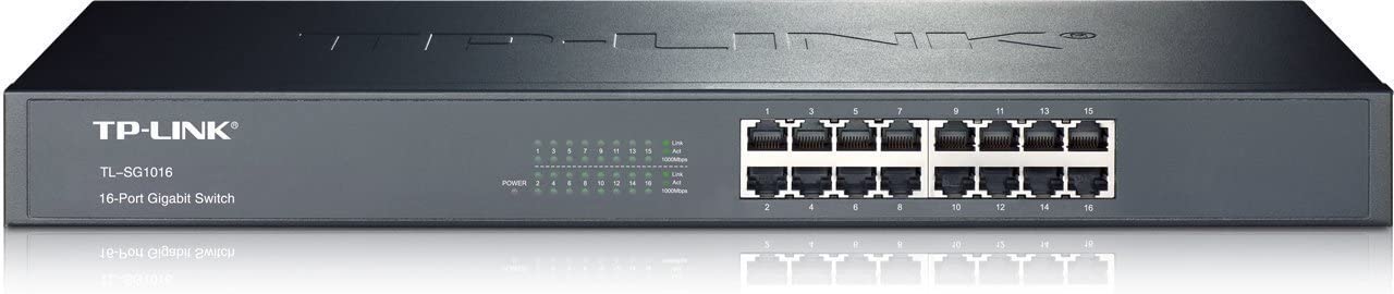TP-LINK (TL-SG1016) 16-Port Gigabit Unmanaged Rackmount Switch, 10/100/1000Mbps RJ45 ports, Steel Case