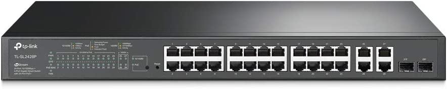 TP-LINK 24-Port Smart PoE Switch T1500-28PCT, 24 x 10/100Mbps PoE+ 4-Port Gigabit, 2 Combo GB SFP Slots, Rackmountable