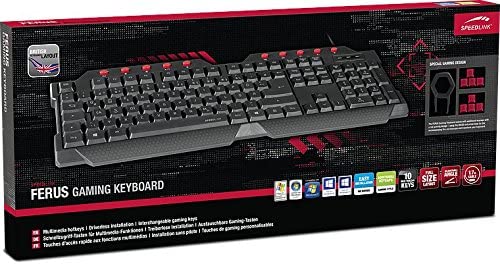 Speedlink Ferus Full-Size Gaming Keyboard SL-670000-BK-UK, 10 Direct Access Hotkeys, Non-Slip Rubber Feet, Driverless Installation, Black