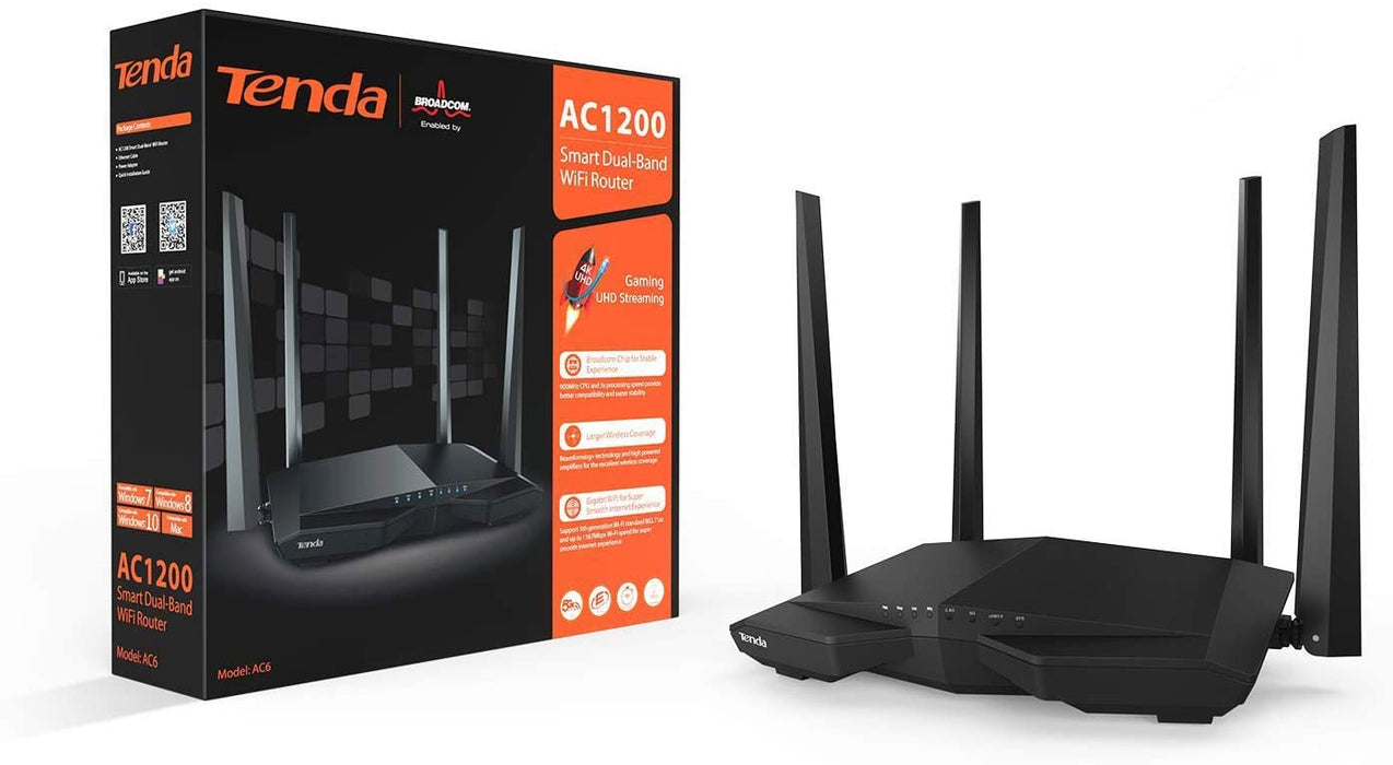 Tenda AC6 AC1200 Wireless Dual Band Router, Black 3-port Wireless Cable, 867Mbps/5GHz+ 300Mbps/2.4GHz