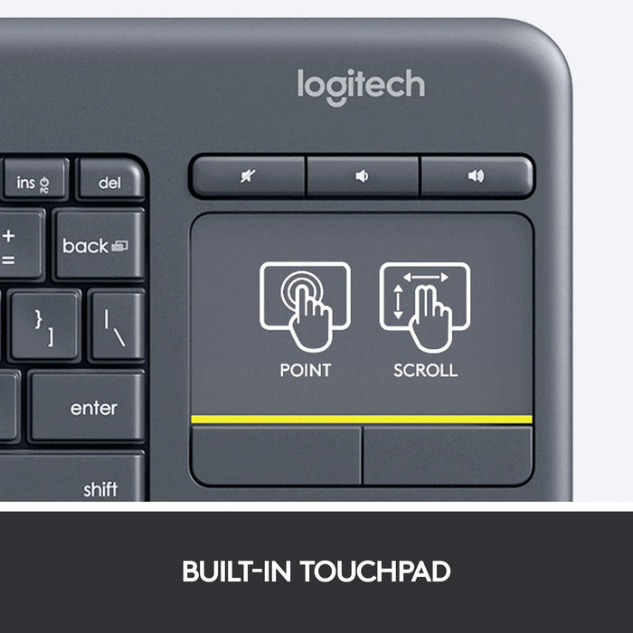 Logitech K400 Plus Wireless Livingroom Keyboard with Touchpad for Home Theatre PC Connected to TV, Customizable Multi-Media Keys, Windows, Android