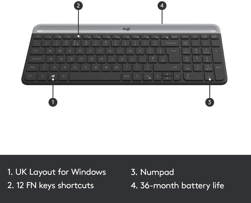 Logitech MK470 Slim Wireless Keyboard & Mouse Combo for Windows, 2.4GHz Unifying USB-Receiver, Low Profile, Whisper-Quiet, Optical Mouse, PC/Laptop