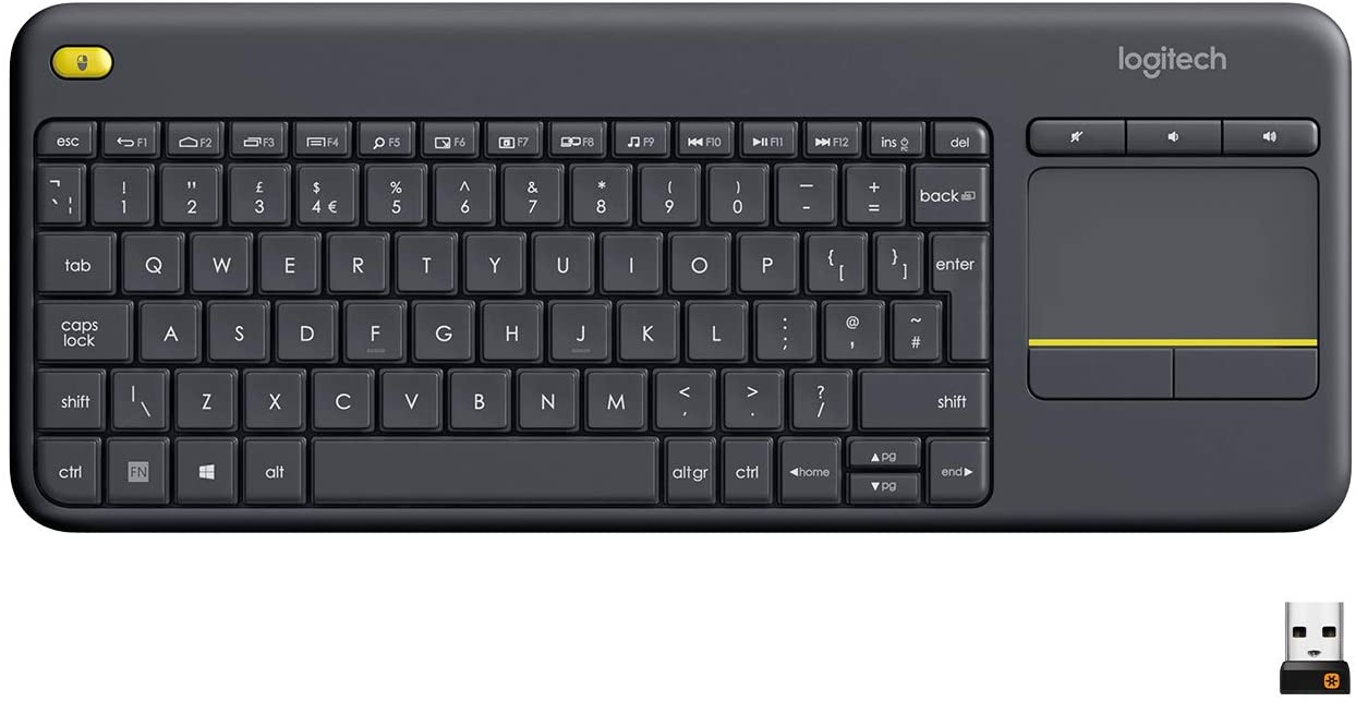 Logitech K400 Plus Wireless Livingroom Keyboard with Touchpad for Home Theatre PC Connected to TV, Customizable Multi-Media Keys, Windows, Android