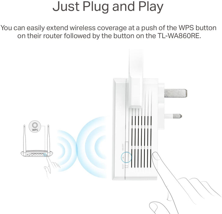 TP-LINK (TL-WA860RE) 300Mbps Wall-Plug Wifi Range Extender, AC Passthrough, 1 LAN