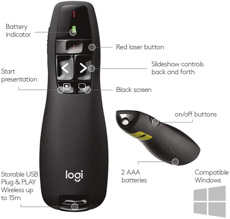 eksil Fearless Blind Logitech R400 Wireless Presentation Remote, 2.4 GHz, USB-Receiver, Red —  Epsilon PC
