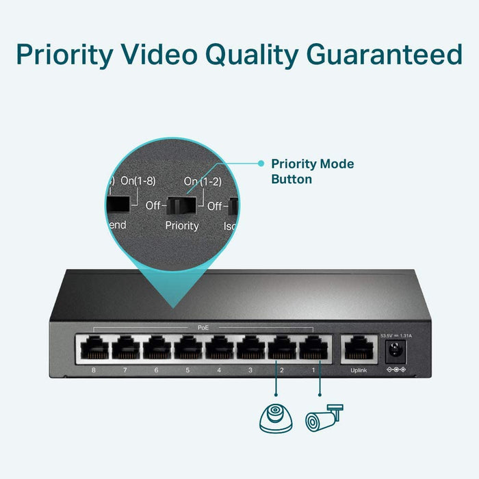 TP-Link 9-Port 10/100 Unmanaged Desktop Switch, 8 Port PoE+, Steel Case, TL-SF1009P
