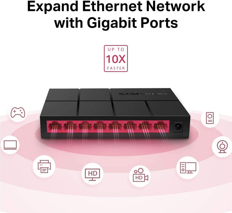 Mercusys (MS108G) 8-Port Gigabit Unmanaged Desktop Switch, Plastic Case, 100/1000Mbps Ethernet Switch