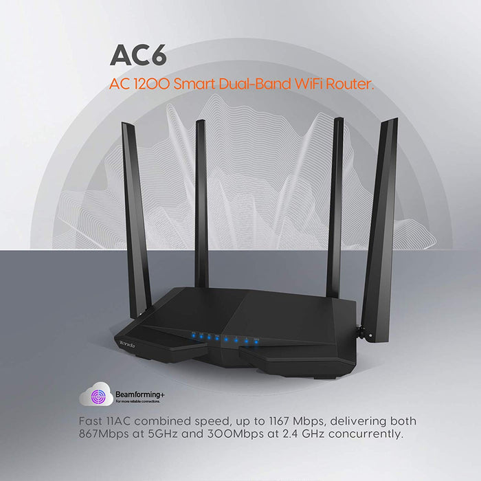 Tenda AC6 AC1200 Wireless Dual Band Router, Black 3-port Wireless Cable, 867Mbps/5GHz+ 300Mbps/2.4GHz