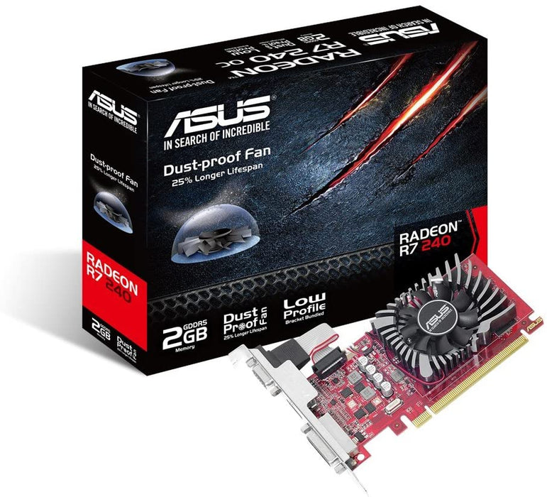Asus Radeon R7 240 Graphics Card, 2GB DDR5, PCIe3, VGA, DVI, HDMI, 780MHz Clock, Low Profile (Bracket Included), GPU