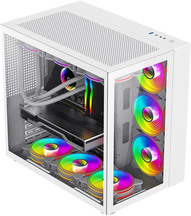 GameMax Infinity Gaming PC Case ATX Tempered Glass 6x Dual Ring ARGB Fans, Remote Control, Full White