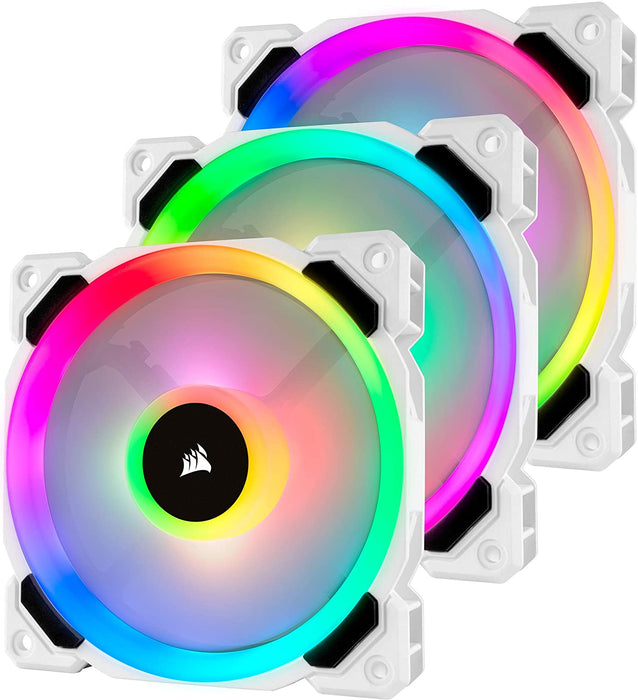 Corsair LL120 12cm PWM RGB Case Fans x3, 16 LED RGB Dual Light Loop, Hydraulic Bearing, White, Lighting Node PRO Kit Included