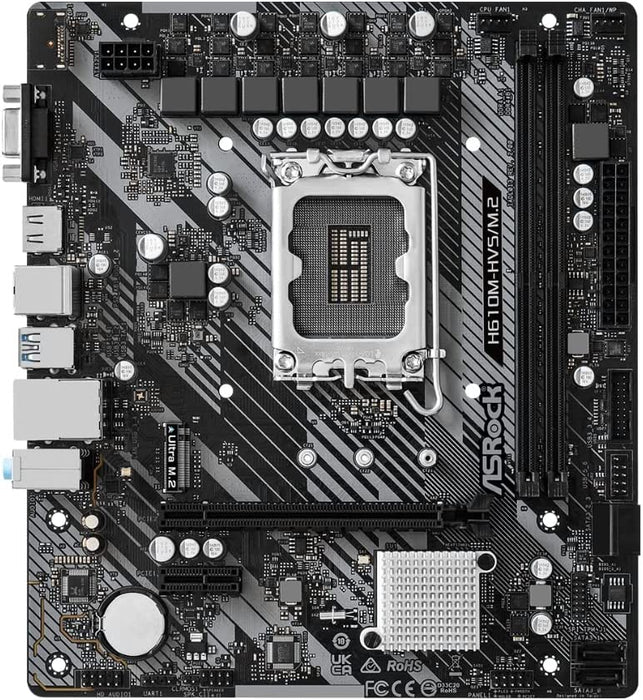 Asrock H610M-HVS/M.2 R2.0 Motherboard, Intel H610, 1700, Micro ATX, 2 DDR4, VGA, HDMI, PCIe4, 1x M.2