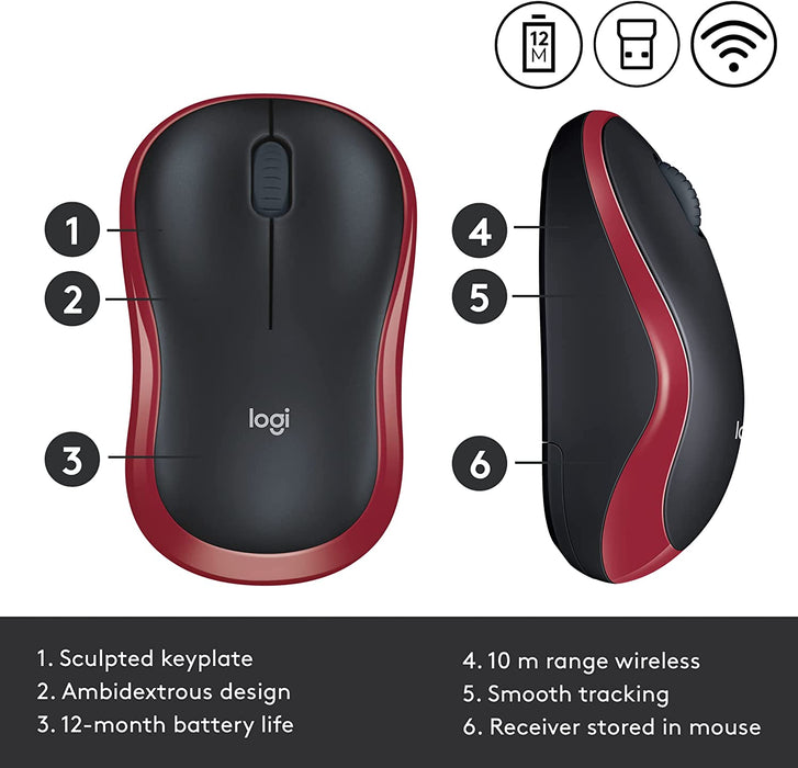 Logitech M185 Wireless Notebook Mouse, USB Nano Receiver, 2.4GHz, Black/Grey & Black/Red