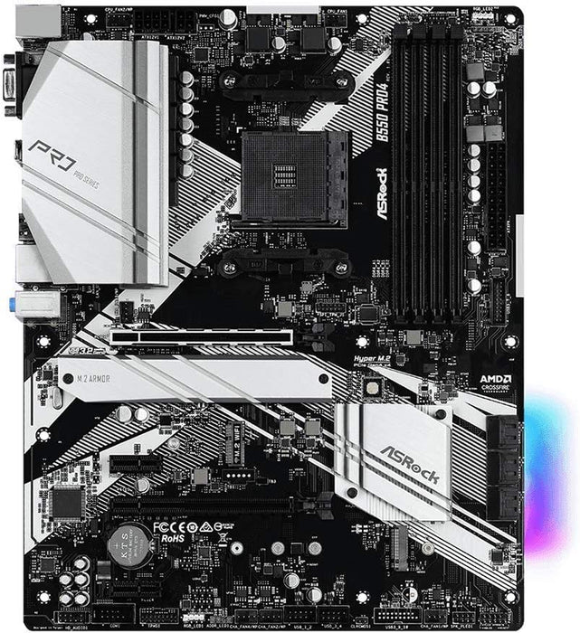 Asrock B550 PRO4 Gaming Motherboard, AMD B550, AM4, ATX, 4 DDR4, VGA, HDMI, XFire, PCIe4, RGB Lighting, M.2