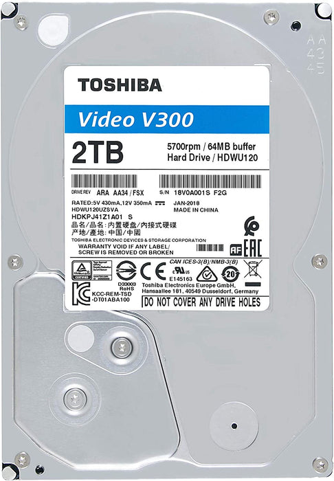 Toshiba V300 3.5" 2TB Internal HDD, Video Streaming Hard Drive, HDWU120UZSVA, Mechanical Hard Disk
