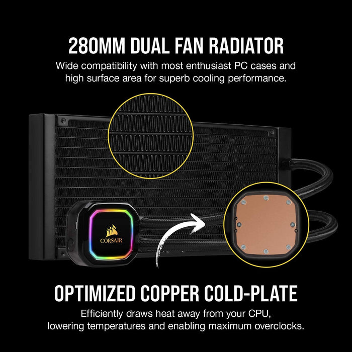 Corsair iCUE H115i PRO XT RGB Liquid CPU Cooler (280mm Radiator, Two 140mm Corsair ML Series PWM Fans, 400 to 2,000 RPM, Advanced RGB Lighting) Black