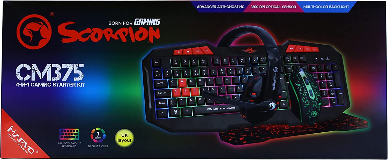 Marvo CM375 Gamign Bundle Set Keyboard, Mouse, Headset, Mouse Pad, 4 in 1 Gaming Peripheral Set
