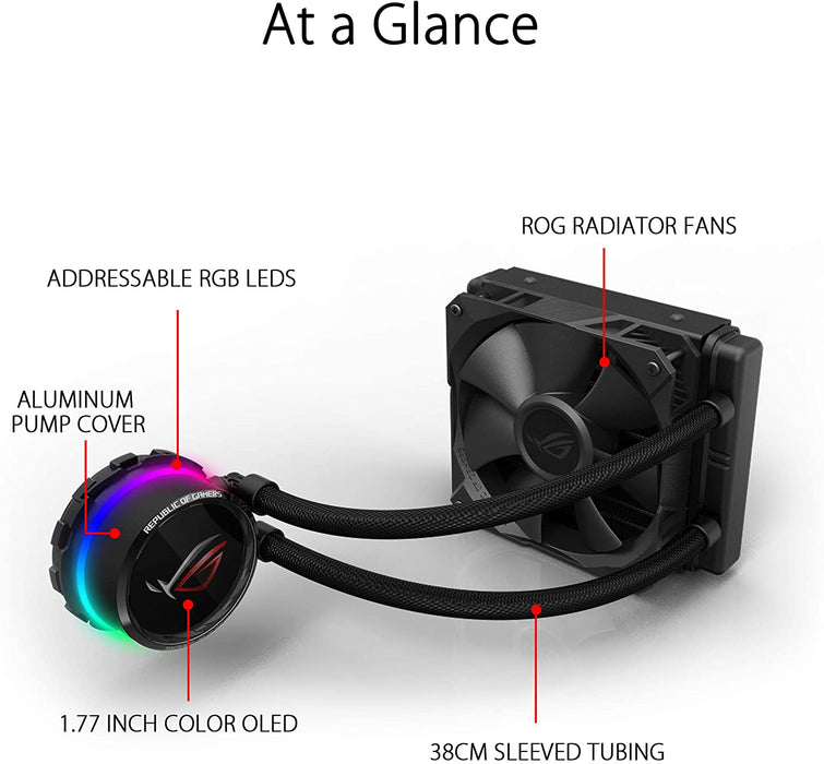Asus ROG Ryuo 120mm Liquid CPU Cooler, 1 x 12cm PWM Fan, Full Colour OLED Display, RGB