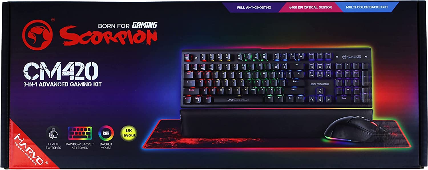 Marvo CM420 3 in 1 Gaming Peripheral Set, 7 Mode Backlit RGB Keyboard with Mechanical Switches , 6400dpi Optical Programmable Mouse, L Size Mouse Pad