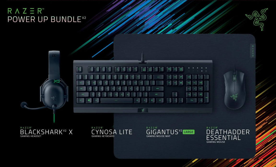 Razer Power Up Bundle V2, Cynosa Lite, Gigantus V2 Large, DeathAdder Essential, BlackShark V2 X, (Keyboard, Mouse, Headphone, Mouse Mat Bundle)