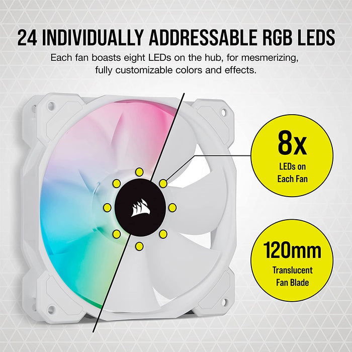 Corsair iCUE SP120 RGB Elite Case Fan x3 12cm PWM, ARGB LEDs, Hydraulic Bearing, Lightning Node Core Included, White PC Case Fan
