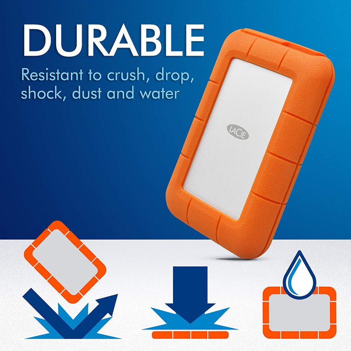 LaCie Rugged USB-C, 2TB, Portable External Hard Drive, Drop, Shock, Dust, Rain Resistant