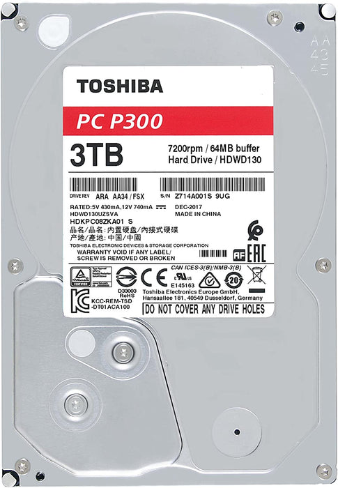 Toshiba P300-3 3TB SATA 3.5" Hard Drive 3TB Capacity 7200RPM Spin Speed HDWD130UZSVA, Internal HDD