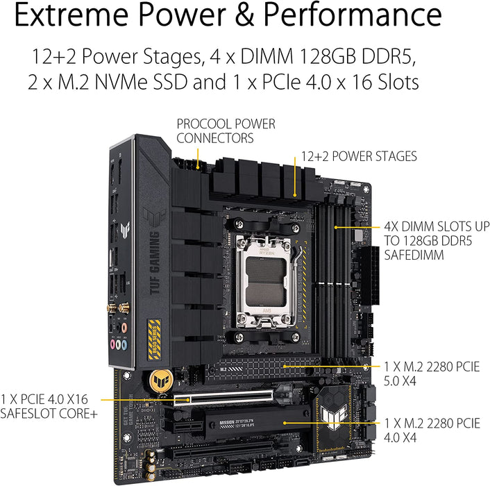 Asus Tuf Gaming B650M-PLUS WIFI Motherboard, AMD B650, AM5, Micro ATX, 4 DDR5, HDMI, DP, Wi-Fi 6, 2.5G LAN, PCIe4, 2x M.2